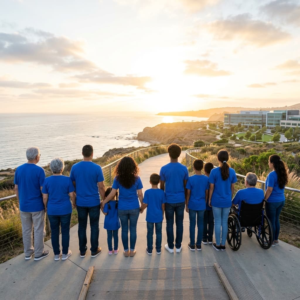 Family standing together looking at the city skyline