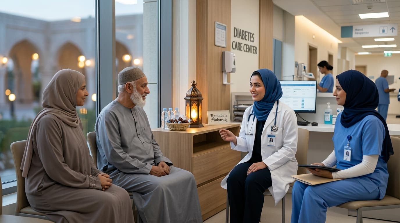 Caring doctors and diabetic patients in modern hospital consultation during Ramadan